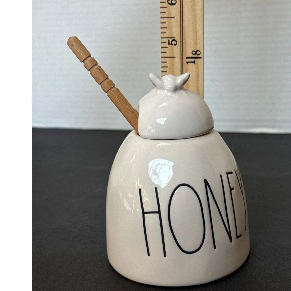 Rae Dunn Honey Pot Ceramic Jar with Lid and Wooden Dipper Bee Finial White